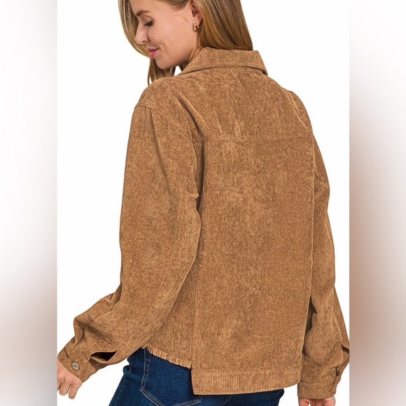 🩵Hello Gorgeous! Distressed Corduroy Frayed Hem Cropped Jacket - Dark Camel - Picture 3 of 7